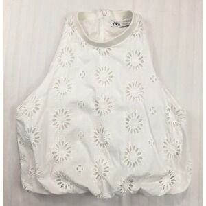 Zara White Eyelet Sunburst Bubble Hem Halter‎ Top Sleeveless High Neck Medium